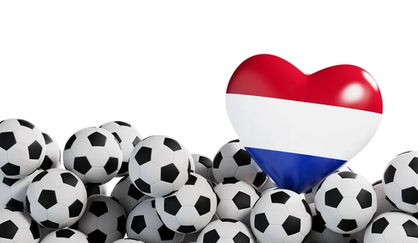 Netherlands flag heart with a soccer ball background. Football banner. 3D Rendering.