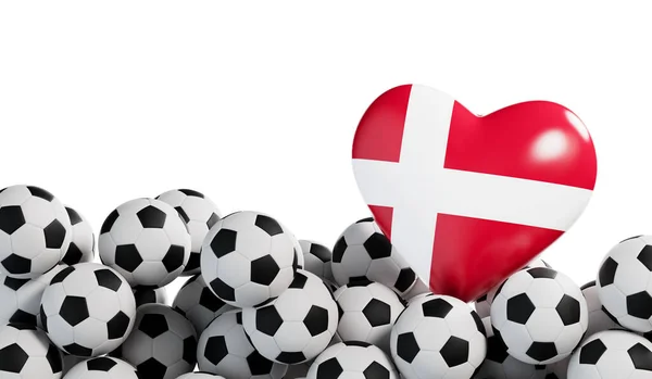 Danmark Flagga Hjärta Med Fotboll Bakgrund Fotbollsbanderoll Återgivning — Stockfoto