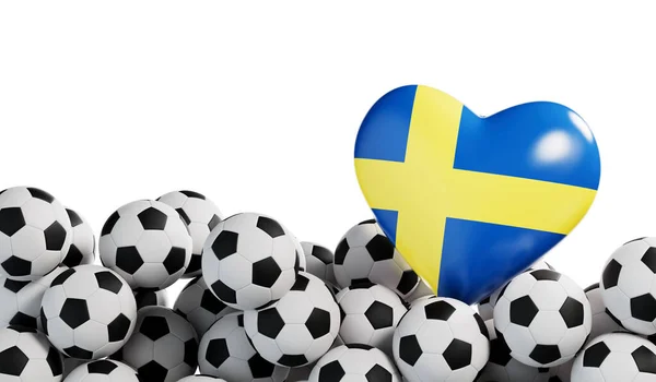 サッカーボールの背景を持つスウェーデンの国旗の心 サッカーバナー 3Dレンダリング — ストック写真