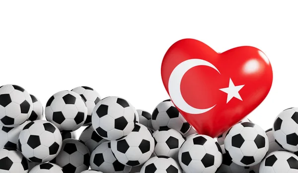 Turkiet Flagga Hjärta Med Fotboll Bakgrund Fotbollsbanderoll Återgivning — Stockfoto
