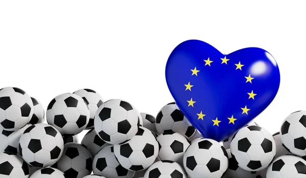 European Union flag heart with a soccer ball background. Football banner. 3D Rendering.