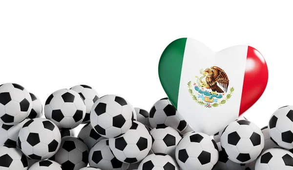 Mexiko Flagga Hjärta Med Fotboll Bakgrund Fotbollsbanderoll Återgivning — Stockfoto