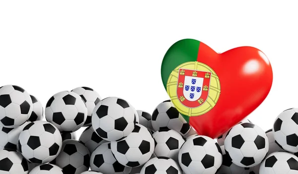 サッカーボールの背景を持つポルトガル国旗の心 サッカーバナー 3Dレンダリング — ストック写真
