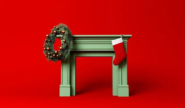 Святковий Панчіх Висить Каміна Різдво Вінком Мінімальний Дизайн Рендерингу — стокове фото