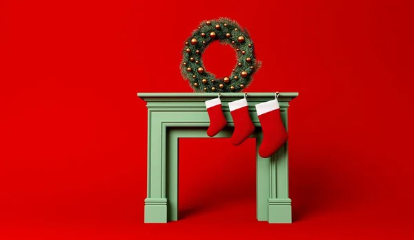 Medias Festivas Colgando Una Chimenea Navidad Con Corona Diseño Mínimo —  Fotos de Stock