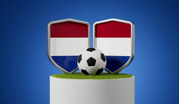 Escudo Futebol Bandeira Holandesa Com Bola Futebol Pódio Grama Renderização — Fotografia de Stock
