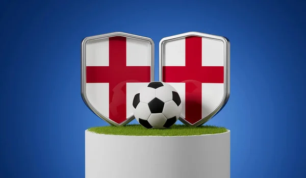 Англия Флаг Футбольный Щит Футбольным Мячом Травяной Подиум Рендеринг — стоковое фото