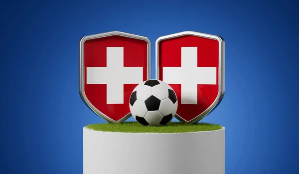 Zwitserland Vlag Voetbal Schild Met Voetbal Bal Een Gras Podium — Stockfoto