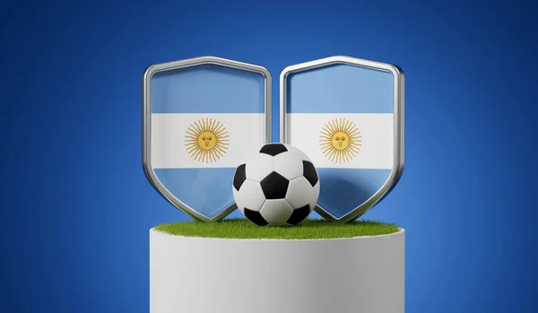 阿根廷在草地讲台上悬挂足球盾 3D渲染 — 图库照片