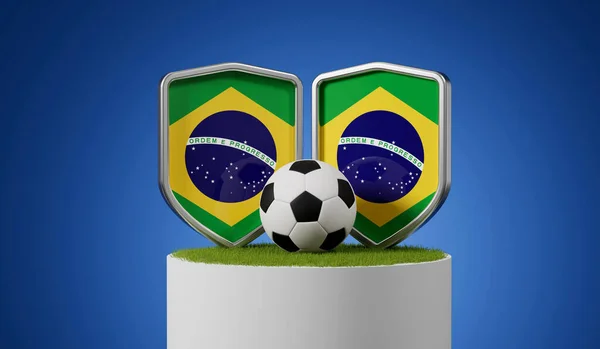 Brasilien Flagga Fotboll Sköld Med Fotboll Ett Gräs Pall Återgivning — Stockfoto