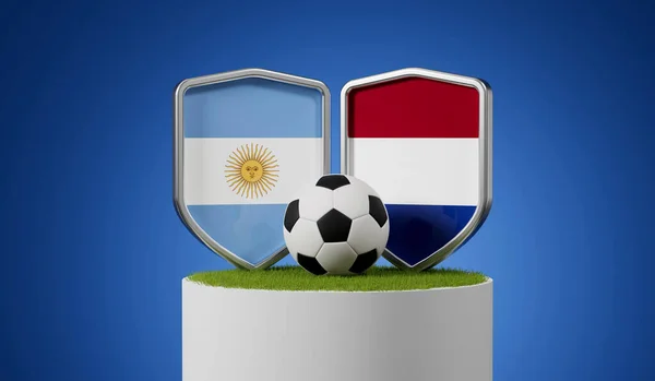 Argentinien Gegen Niederlande Fußballschilde Mit Fußballball Auf Einem Rasenpodest Rendering — Stockfoto