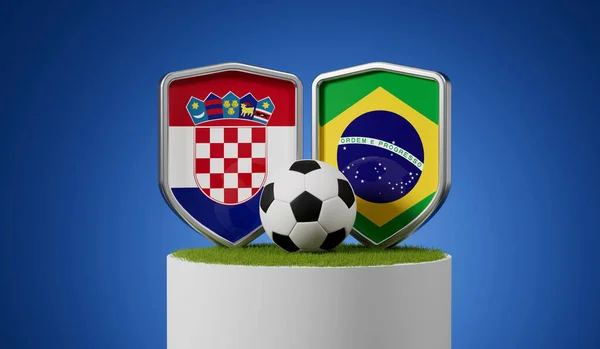 Croacia Brasil Escudos Fútbol Con Pelota Fútbol Podio Hierba Renderizado —  Fotos de Stock