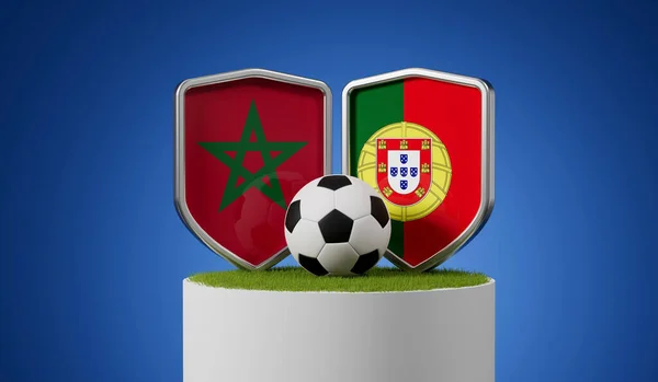 Marocco Portogallo Scudi Calcio Con Pallone Calcio Podio Erba Rendering — Foto Stock