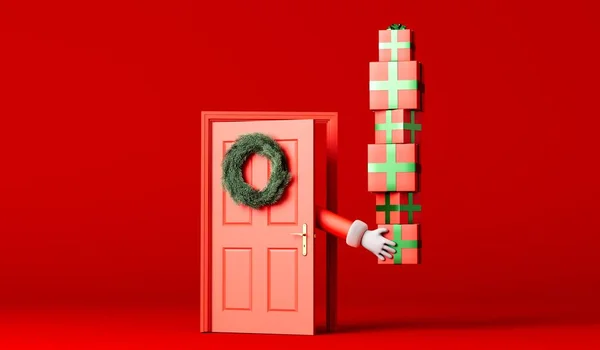 Карикатура Деда Мороза Доставляющего Подарки Через Красную Входную Дверь Рендеринг — стоковое фото