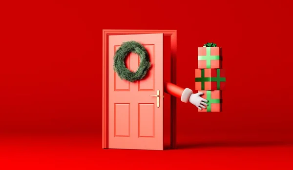 Kreskówka Ojciec Boże Narodzenie Ręka Dostarczanie Prezentów Przez Czerwone Drzwi — Zdjęcie stockowe