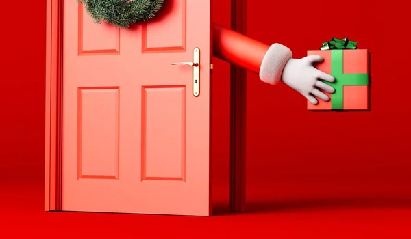 Cartoon Father Christmas Hand Delivering Presents Red Front Door Rendering — Stock Photo, Image