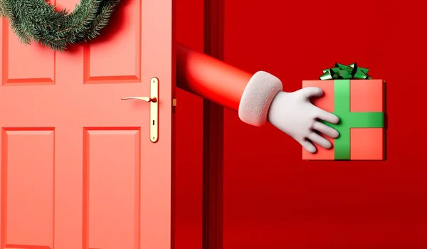 漫画父クリスマスの手は赤いフロントドアを通ってプレゼントを提供します 3Dレンダリング — ストック写真