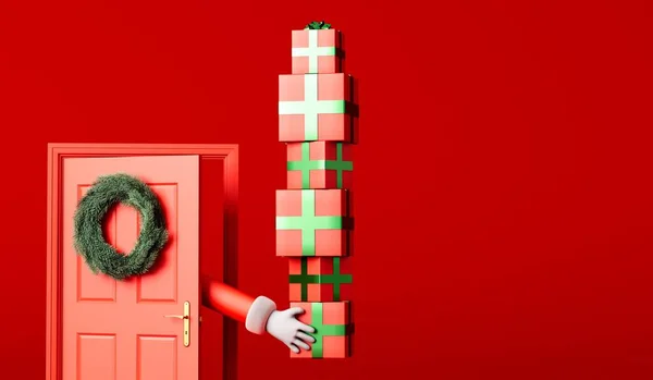 Мультфільм Отець Різдво Рука Доставляє Подарунки Через Червоні Вхідні Двері — стокове фото