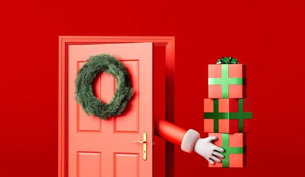 Cartoon Pai Natal Mão Entregando Presentes Através Uma Porta Frente — Fotografia de Stock