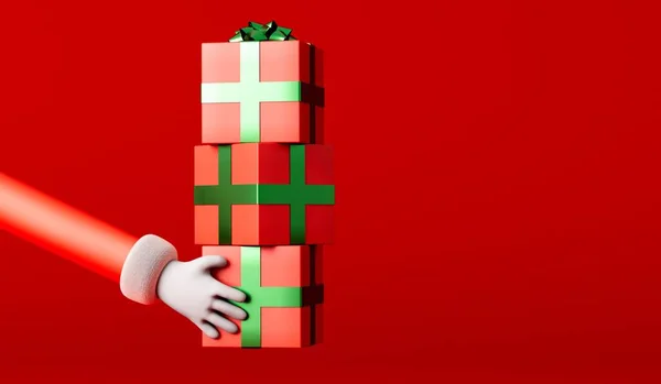 卡通爸爸拿着礼品盒作为圣诞礼物 挥动着圣诞节的臂膀 3D渲染 — 图库照片