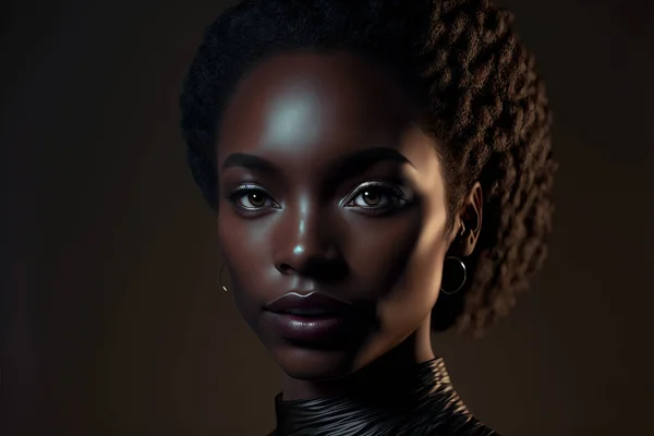 Portrait of a beautiful Black woman. Dark studio lighting. Generative ai.