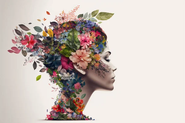 Side profile of a beautiful woman double exposure with spring flowing flowers. Generative ai.