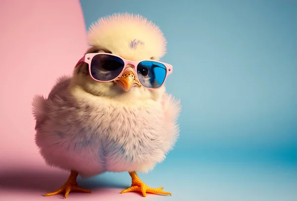 Cute spring baby chick wearing cool sunglasses. Generative ai.