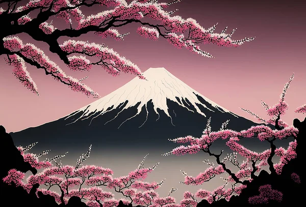 Spring cherry blossom with Mount Fuji in the background. Generative ai.
