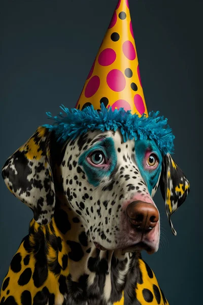 Cute dalmatian dog wearing a celebration party hat, Generative ai.