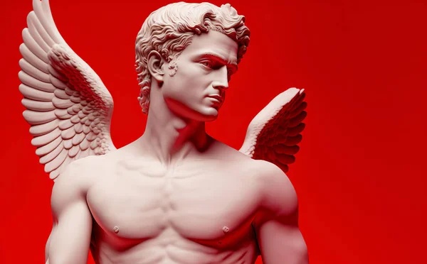Statue of cupid god of love against a red background.