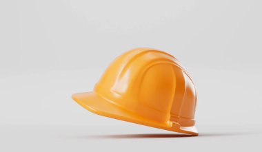 Sade bir arka planda inşaat başlıkları. Koruyucu başlık. 3B görüntüleme.