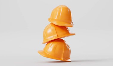 Sade bir arka planda inşaat başlıkları. Koruyucu başlık. 3B görüntüleme.