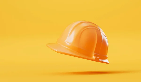 黄色的建筑工人在黄色的背景上戴硬礼帽 3D渲染 — 图库照片