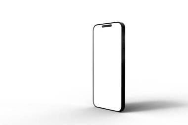 Beyaz ekranlı modern bir akıllı telefonun stüdyo görüntüsü. Beyaz arka planda izole edilmiş. 3B Hazırlama.