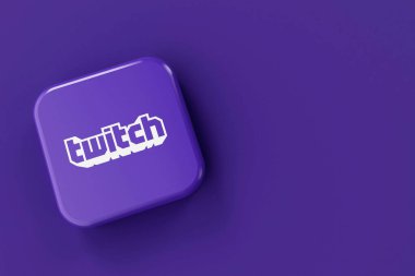 LONDON, İngiltere - Temmuz 2023: Twitch oyun canlı yayın şirketi logosu, 3D Rendering.