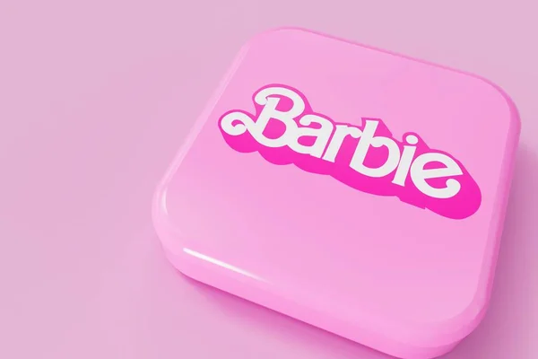 Londres Reino Unido Julio 2023 Muñeca Barbie Logo Barbie Una — Foto de Stock