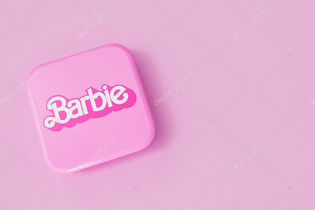 LONDON, UK - July 2023: Barbie doll logo. Barbie is a fashion doll made by Mattel. 3D Rendering.