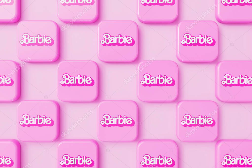 LONDON, UK - July 2023: Barbie doll logo. Barbie is a fashion doll made by Mattel. 3D Rendering.
