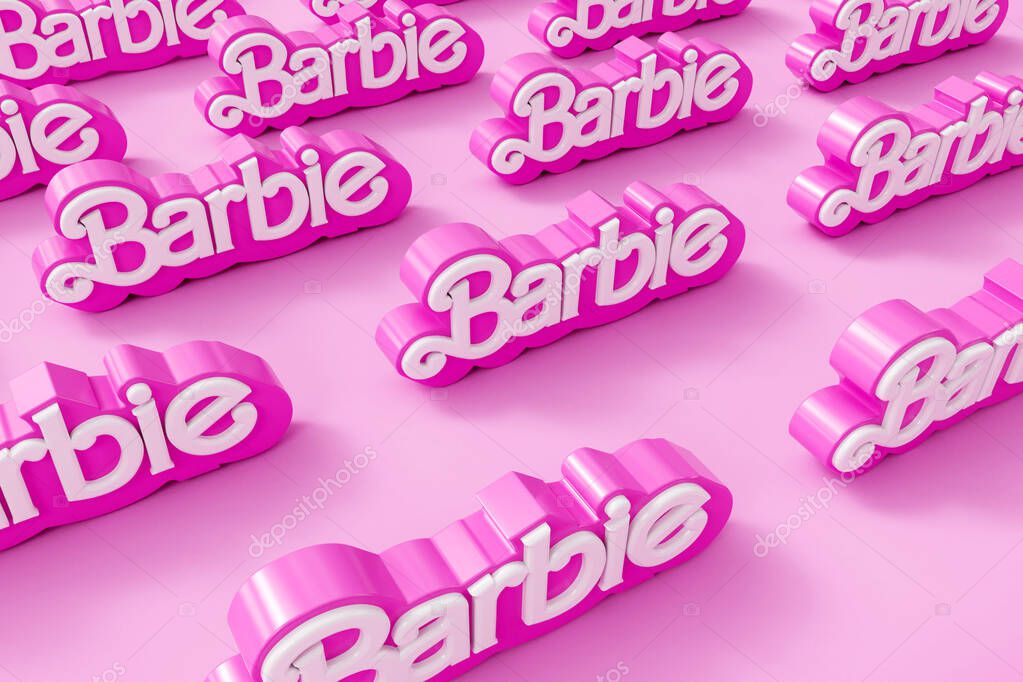 LONDON, UK - July 2023: Barbie doll logo. Barbie is a fashion doll made by Mattel. 3D Rendering.