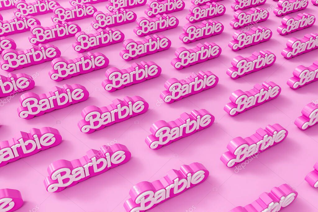 LONDON, UK - July 2023: Barbie doll logo. Barbie is a fashion doll made by Mattel. 3D Rendering.