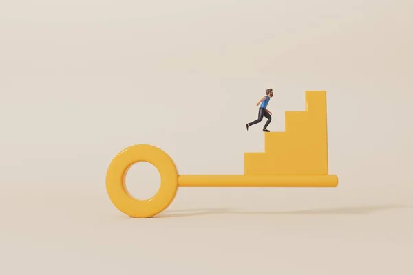 ビジネスの成功への鍵のステップを登る人 3Dレンダリング — ストック写真