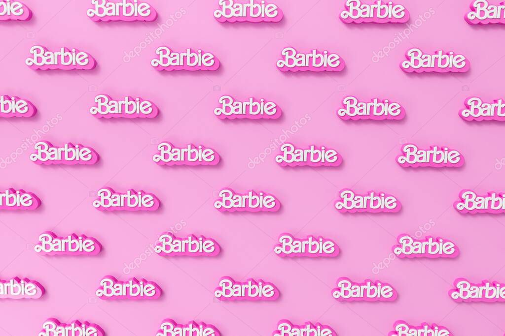 LONDON, UK - July 2023: Barbie doll logo. Barbie is a fashion doll made by Mattel. 3D Rendering.