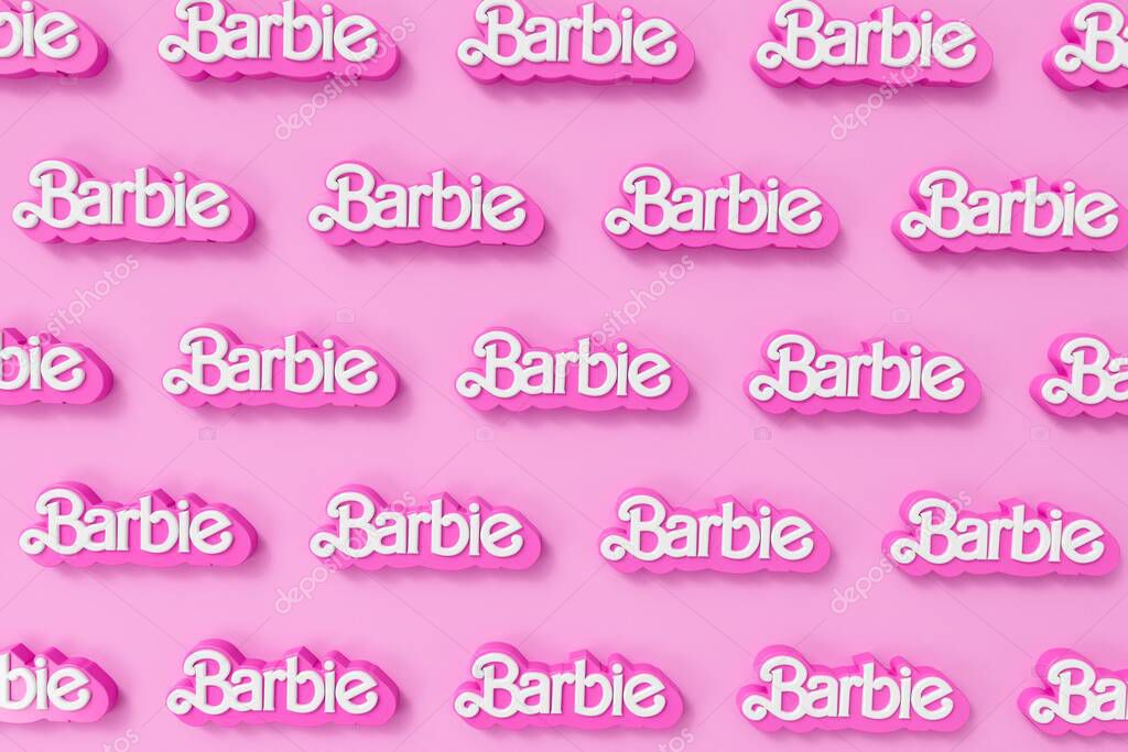 LONDON, UK - July 2023: Barbie doll logo. Barbie is a fashion doll made by Mattel. 3D Rendering.
