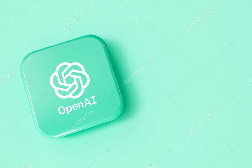 LONDON, UK - July 2023: Open AI artificial intelligence company logo. 3D Rendering.