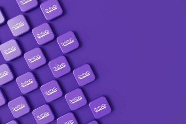 LONDON, İngiltere - Temmuz 2023: Twitch oyun canlı yayın şirketi logosu, 3D Rendering.