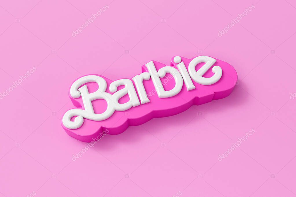 LONDON, UK - July 2023: Barbie doll logo. Barbie is a fashion doll made by Mattel. 3D Rendering.