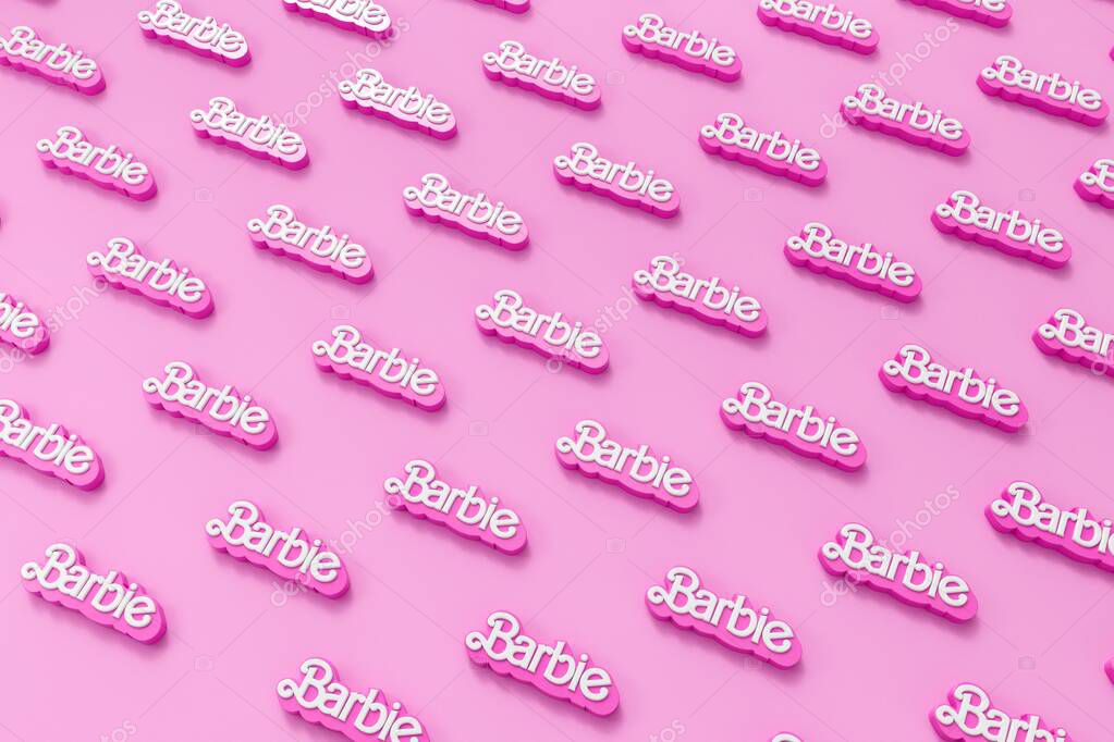 LONDON, UK - July 2023: Barbie doll logo. Barbie is a fashion doll made by Mattel. 3D Rendering.