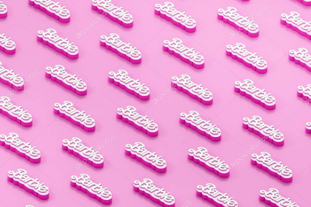 LONDON, UK - July 2023: Barbie doll logo. Barbie is a fashion doll made by Mattel. 3D Rendering.