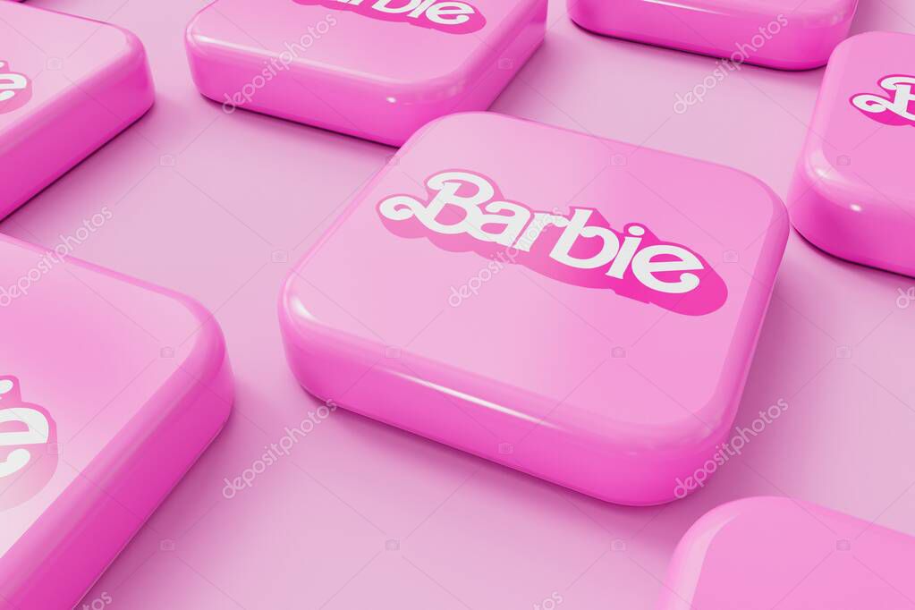LONDON, UK - July 2023: Barbie doll logo. Barbie is a fashion doll made by Mattel. 3D Rendering.