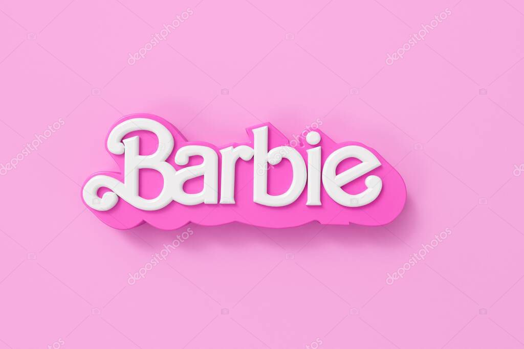 LONDON, UK - July 2023: Barbie doll logo. Barbie is a fashion doll made by Mattel. 3D Rendering.
